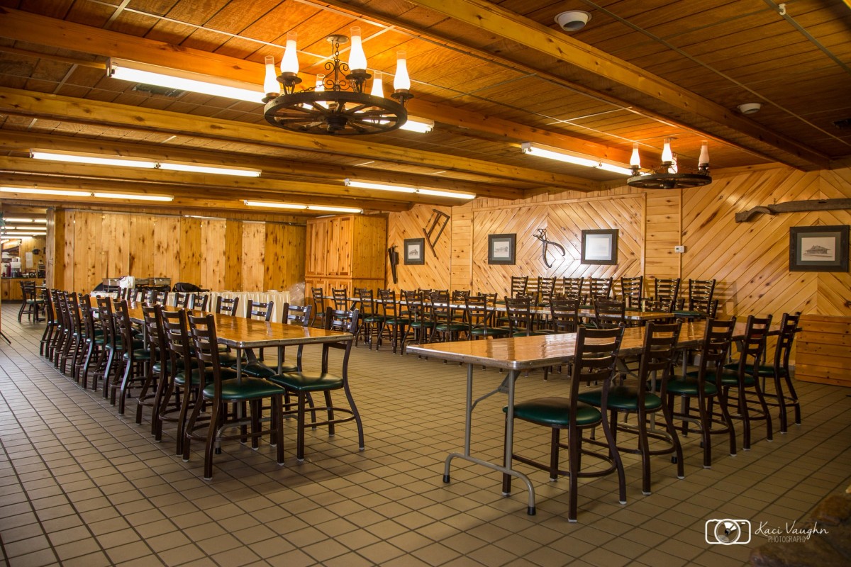 Empty dining hall set up for a catered event